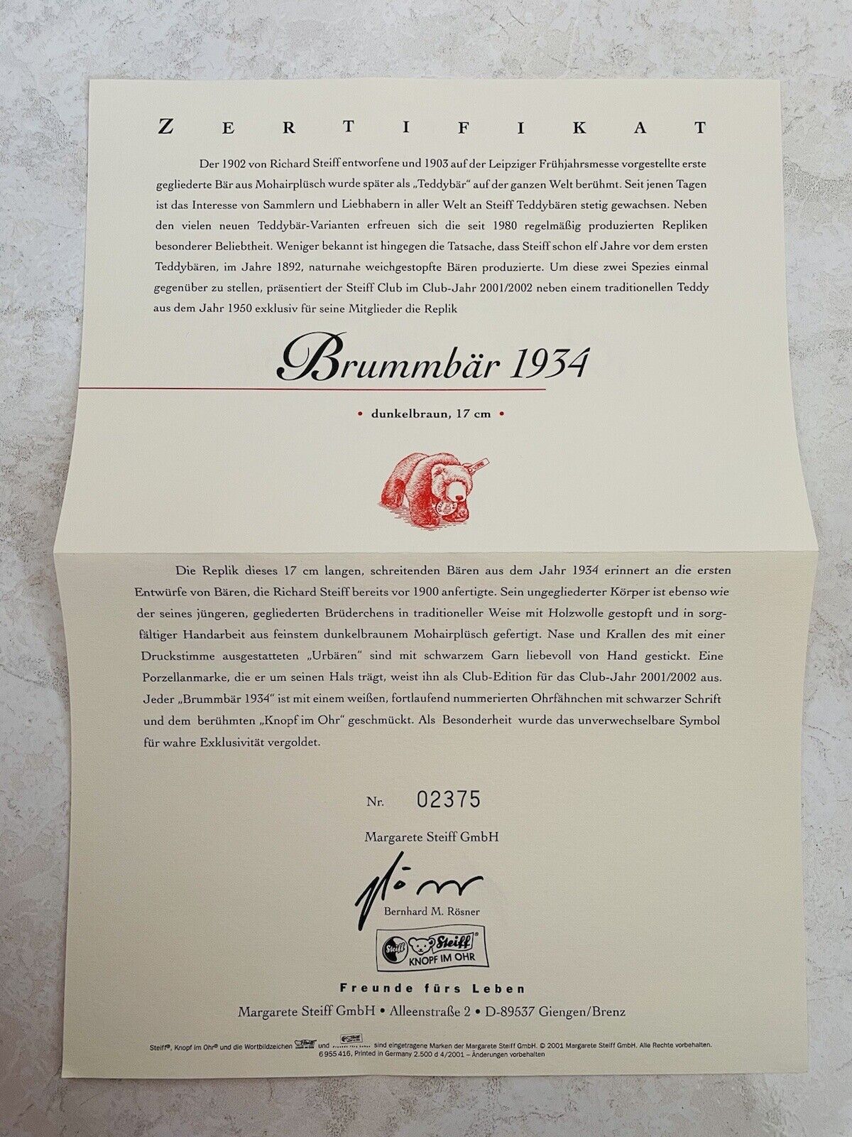 Steiff - Brummbär 1934 17 cm dunkelbraun Club Edition EAN 420252