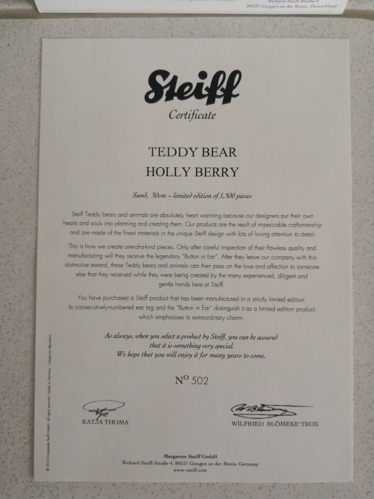 Steiff Teddybär Ilex 035357 inkl. Zertifikat 137 Alpaca Teddy Neu & Ovp