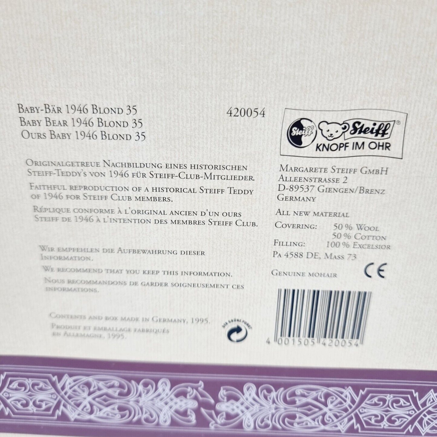Steiff 420054 Club Edition Baby Bär blond 35cm 1995 limitiert Zertifikat