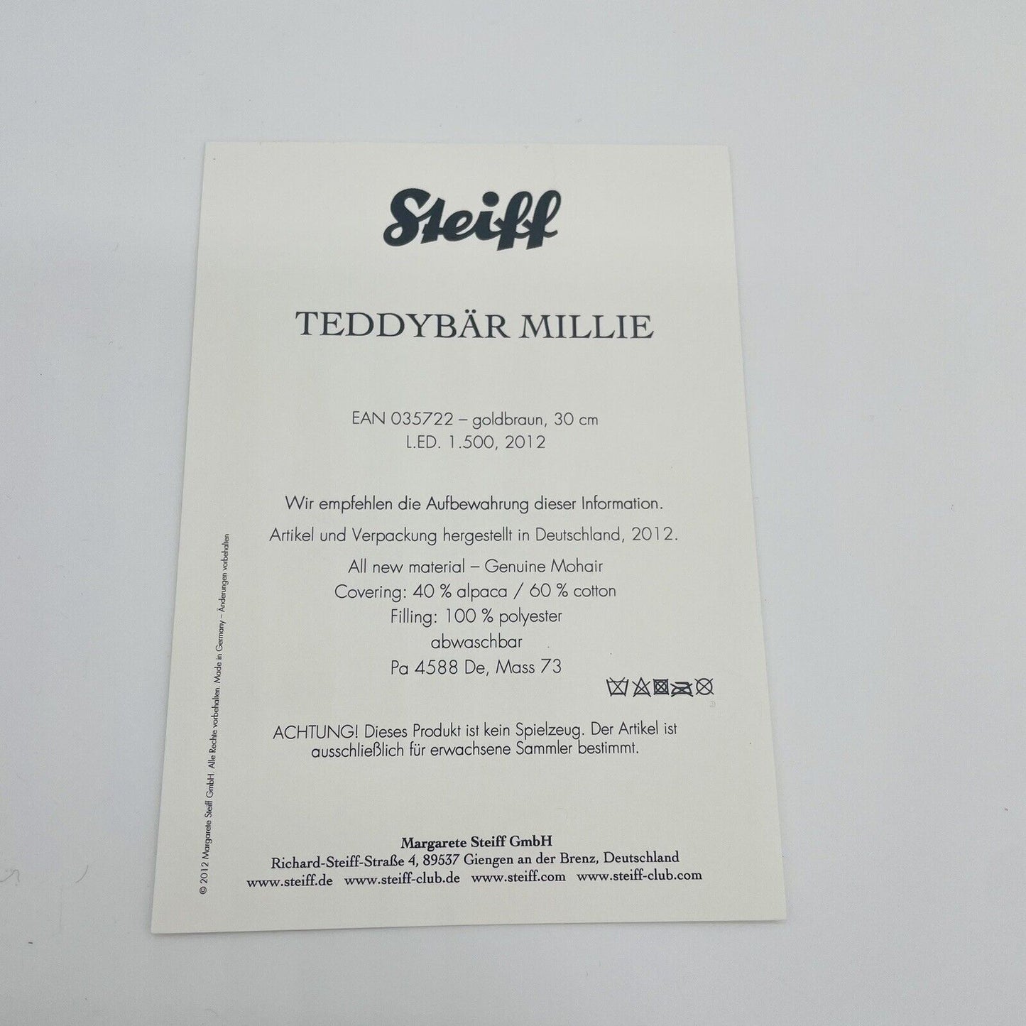 Steiff Teddybär Millie limitiert 1500 aus 2012 30cm Mohair