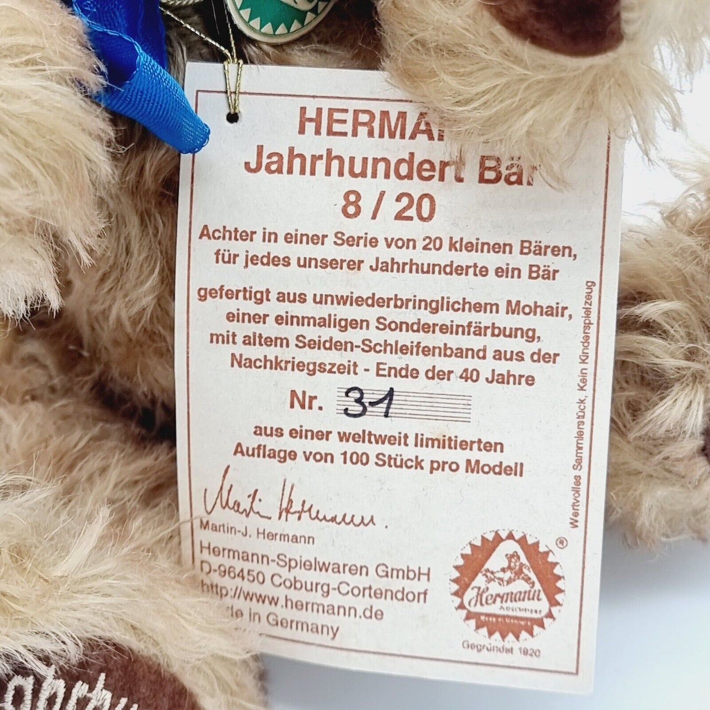 Hermann Coburg Teddybär Jahrhundertbär 8/20 26 cm limitiert auf 100 Stück