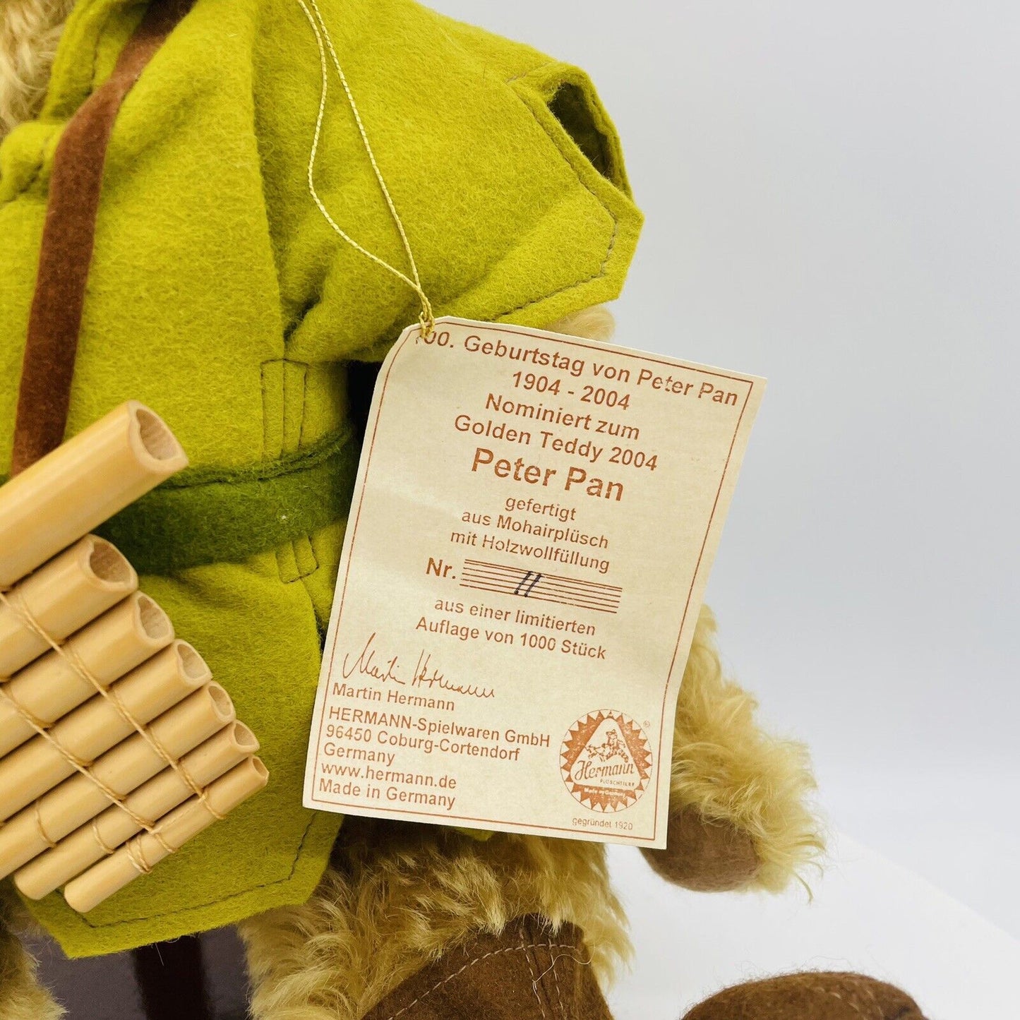 Hermann Coburg Teddybär Peter Pan 100. Geburtstag limitiert 1000 aus 2004 Mohair