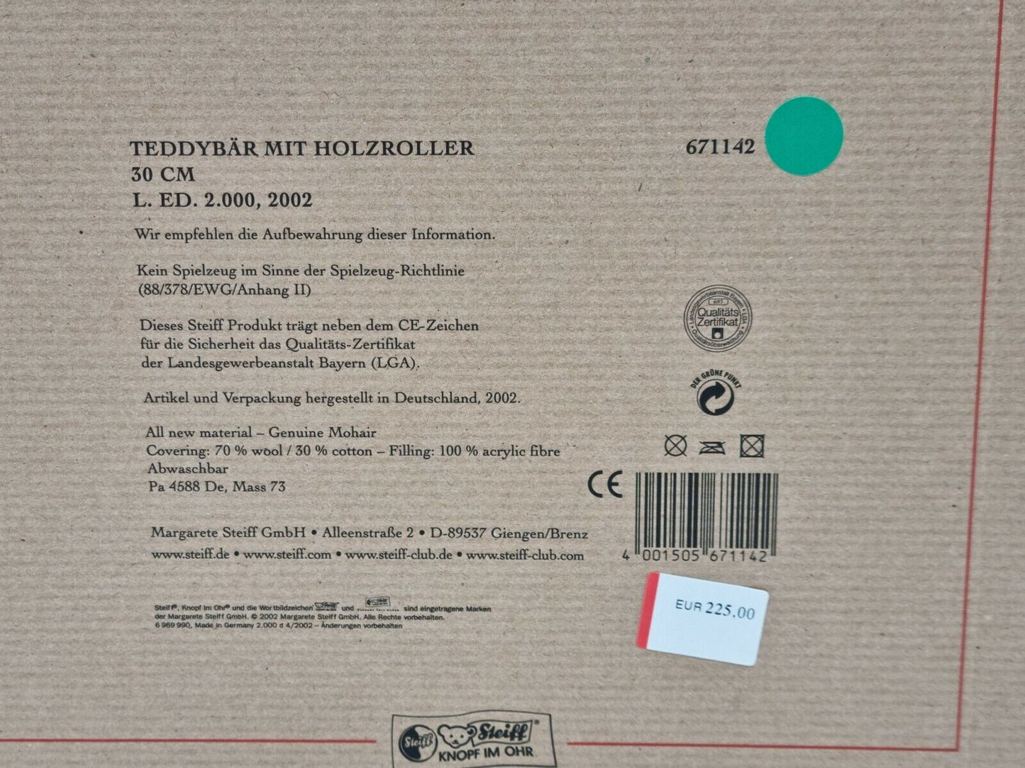 SAMMLER: Steiff 671142 "Teddybär mit Holzroller" neuwertig in OVP