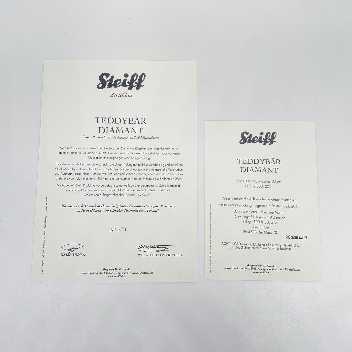 Steiff Teddybär Diamant 035715 limitiert 2000 aus 2012 25cm Mohair
