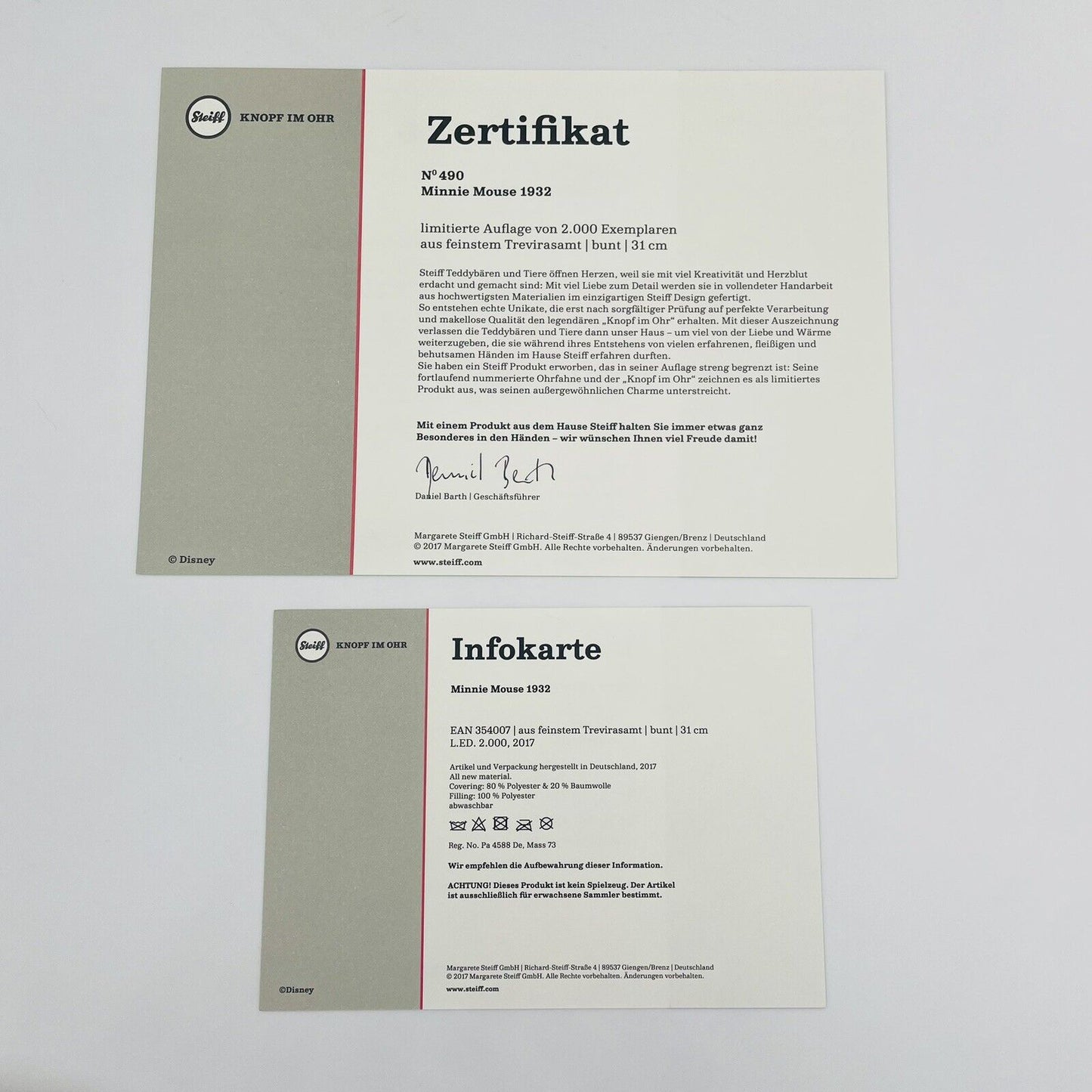 Steiff Disney Minnie Mouse 1932 354007 limitiert 2000 aus 2017 Trevirasamt 31cm