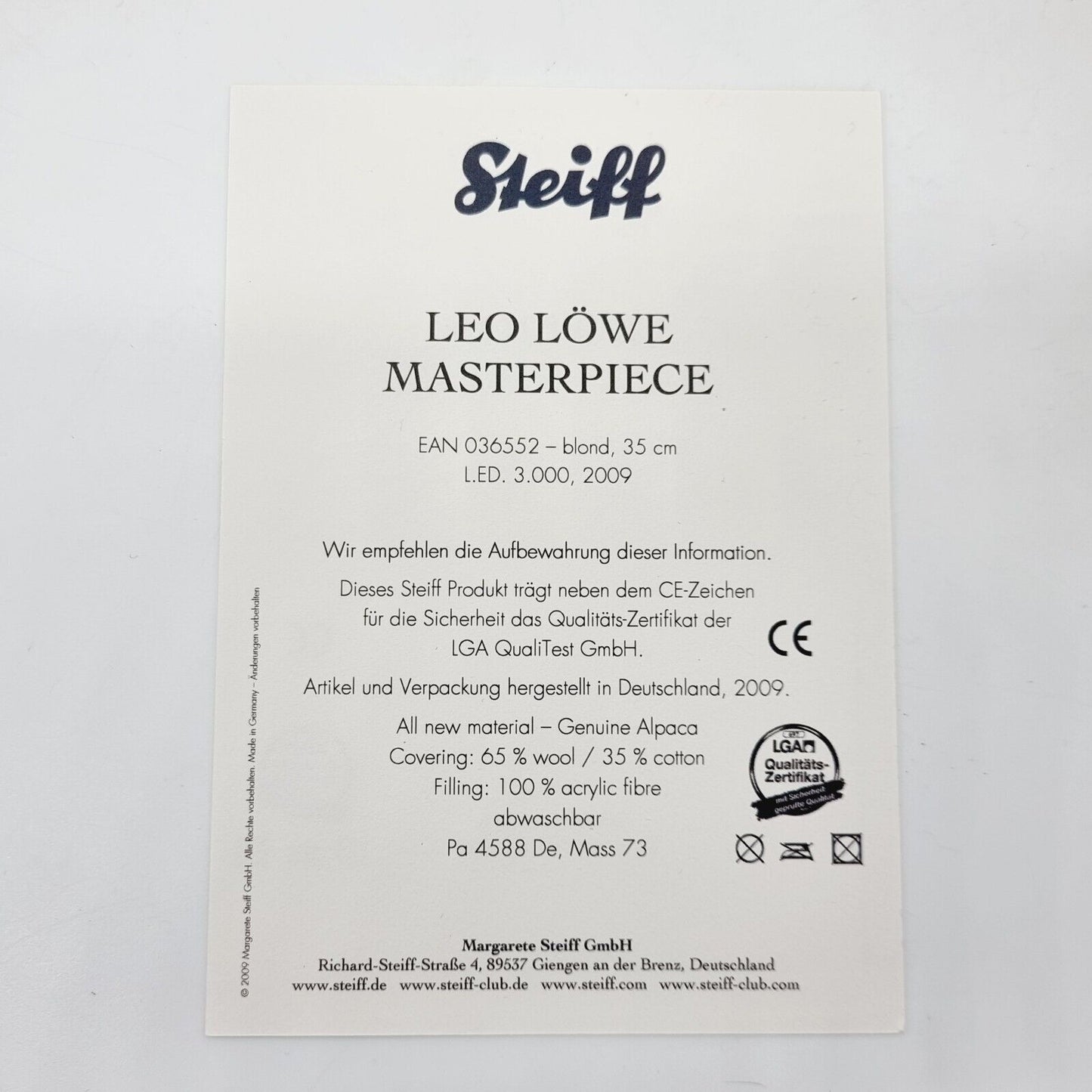 Steiff 036552 Leo Löwe Masterpiece blond 35 cm 2009 limitiert 3000 Exemplare