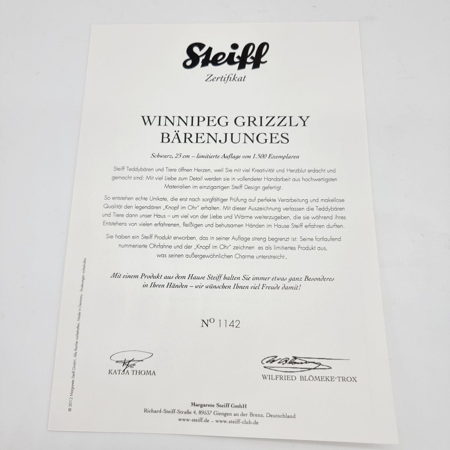Steiff 036637 Winnipeg Grizzly Bärenjunges 23 cm limitiert auf 1500 Stück