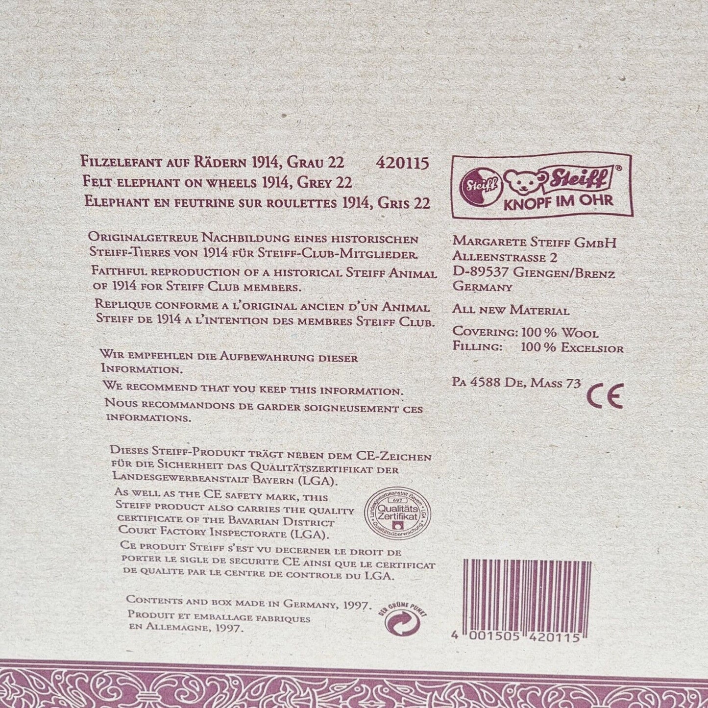 Steiff 420115 Filzelefant auf Rädern Replica Club Edition 1997 / 1998