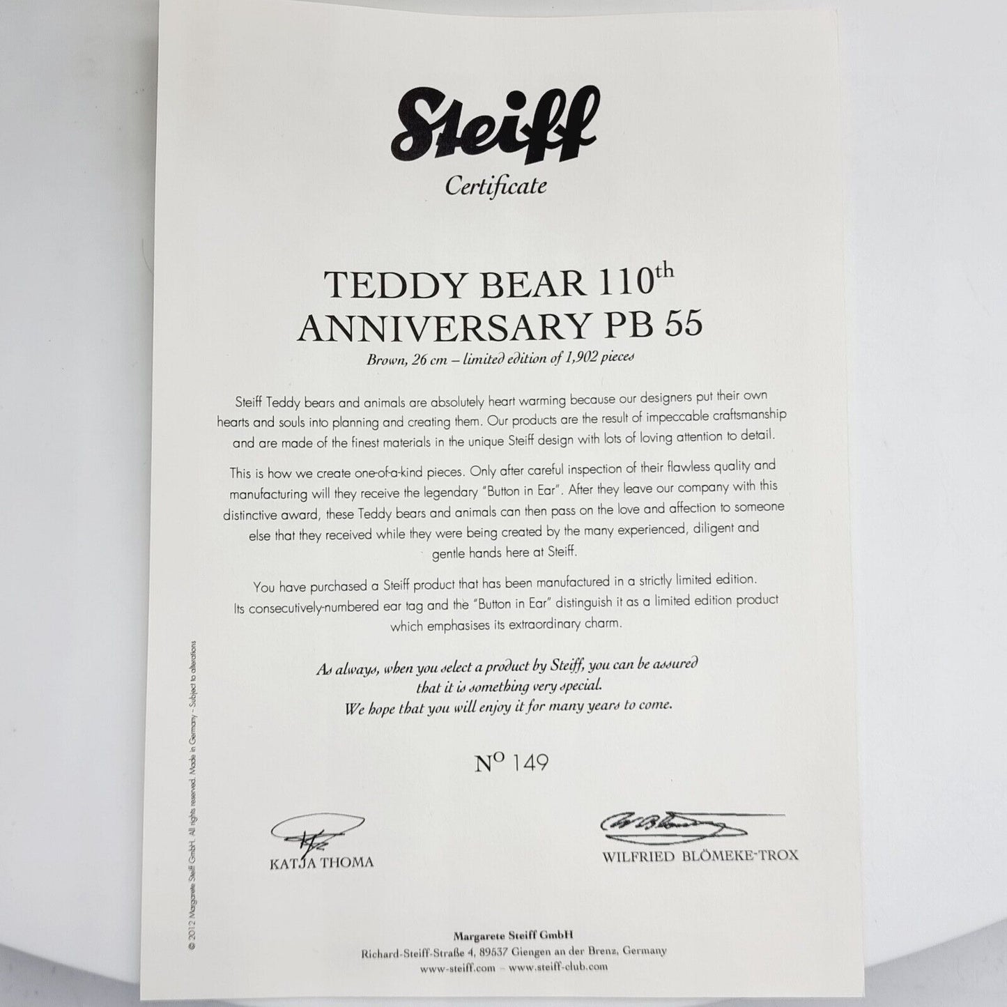 Steiff 036293 Teddybär 110th Anniversary PB 55 limitiert 1902 aus 2012 26 cm
