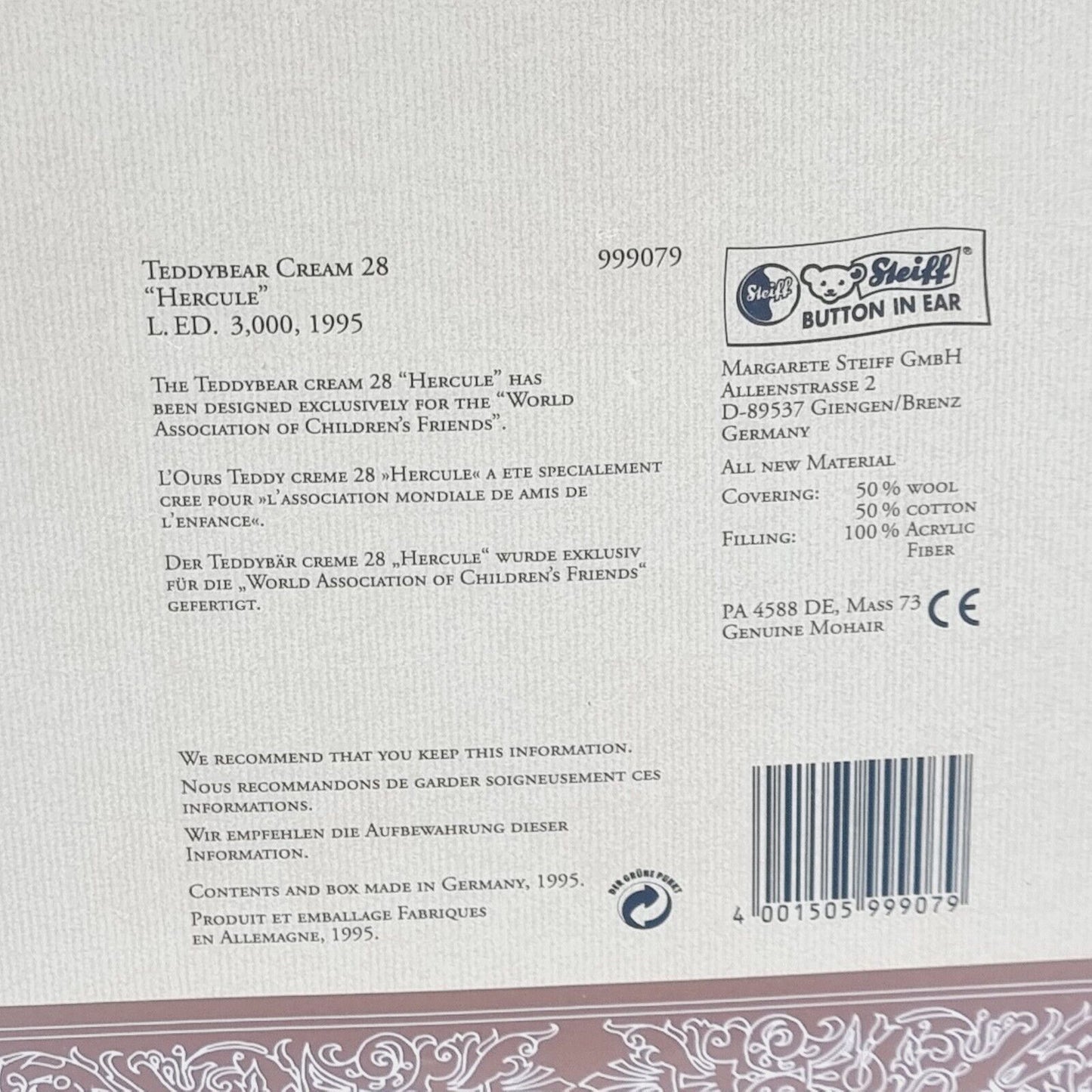 Steiff 999079 Teddybär Hercule Monaco limitiert 3000 aus 1995 28cm Mohair