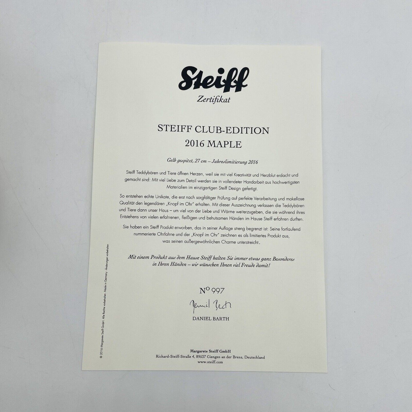 Steiff Teddybär Maple Ahornblatt 421389 limitiert 2016 Clubedition 2016 27cm