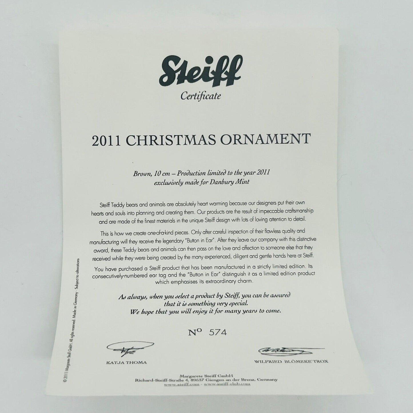 Steiff 663796 Ornament Teddybär Christmas 2011 limitiert 2011 10 cm Mohair
