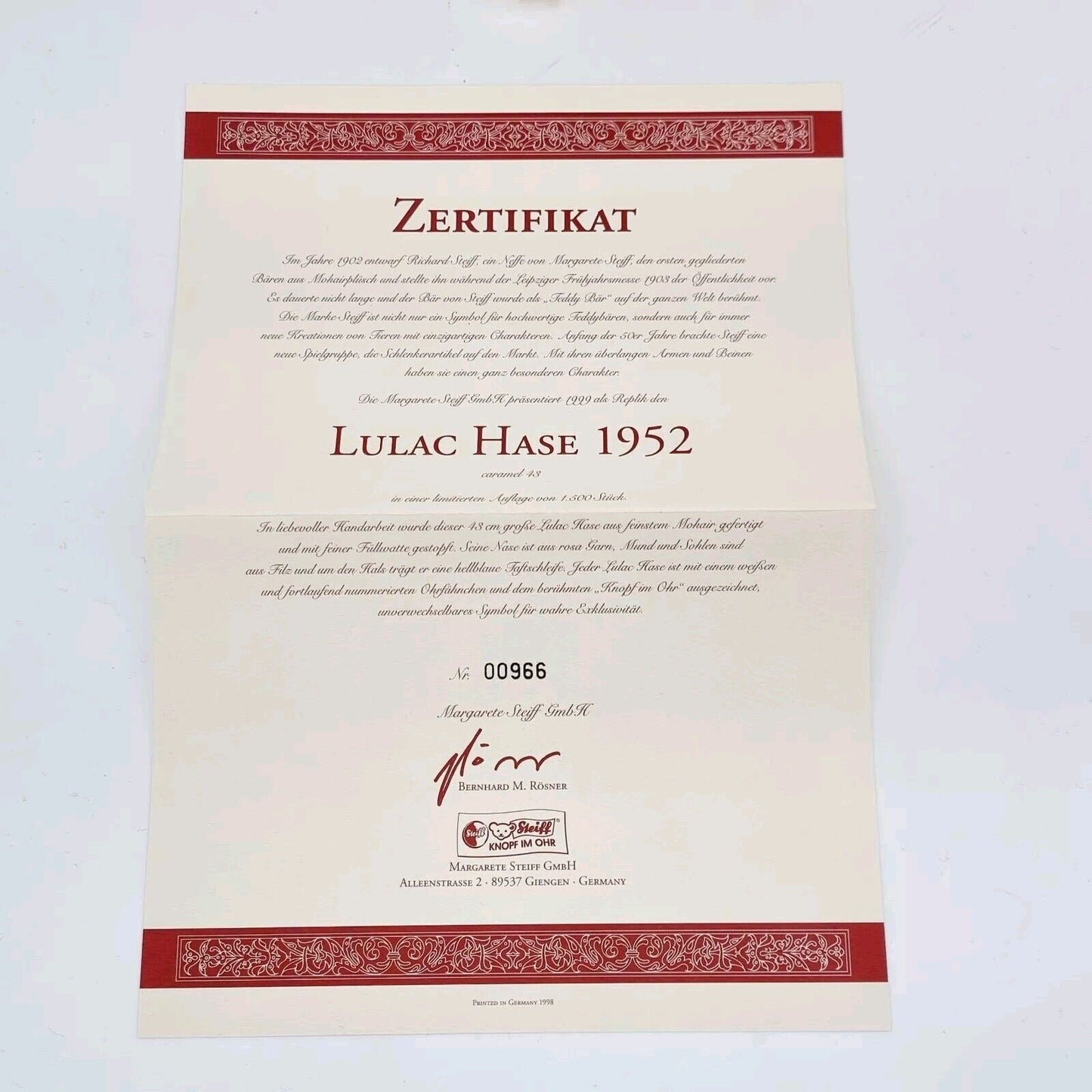 Steiff 402166 Hase Lulac limitiert 1500 aus 1999 43 cm Mohair