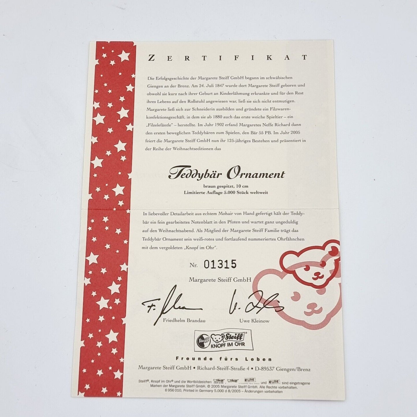 Steiff 037603 Teddybär Ornament 10 cm 2005 limitiert 5000