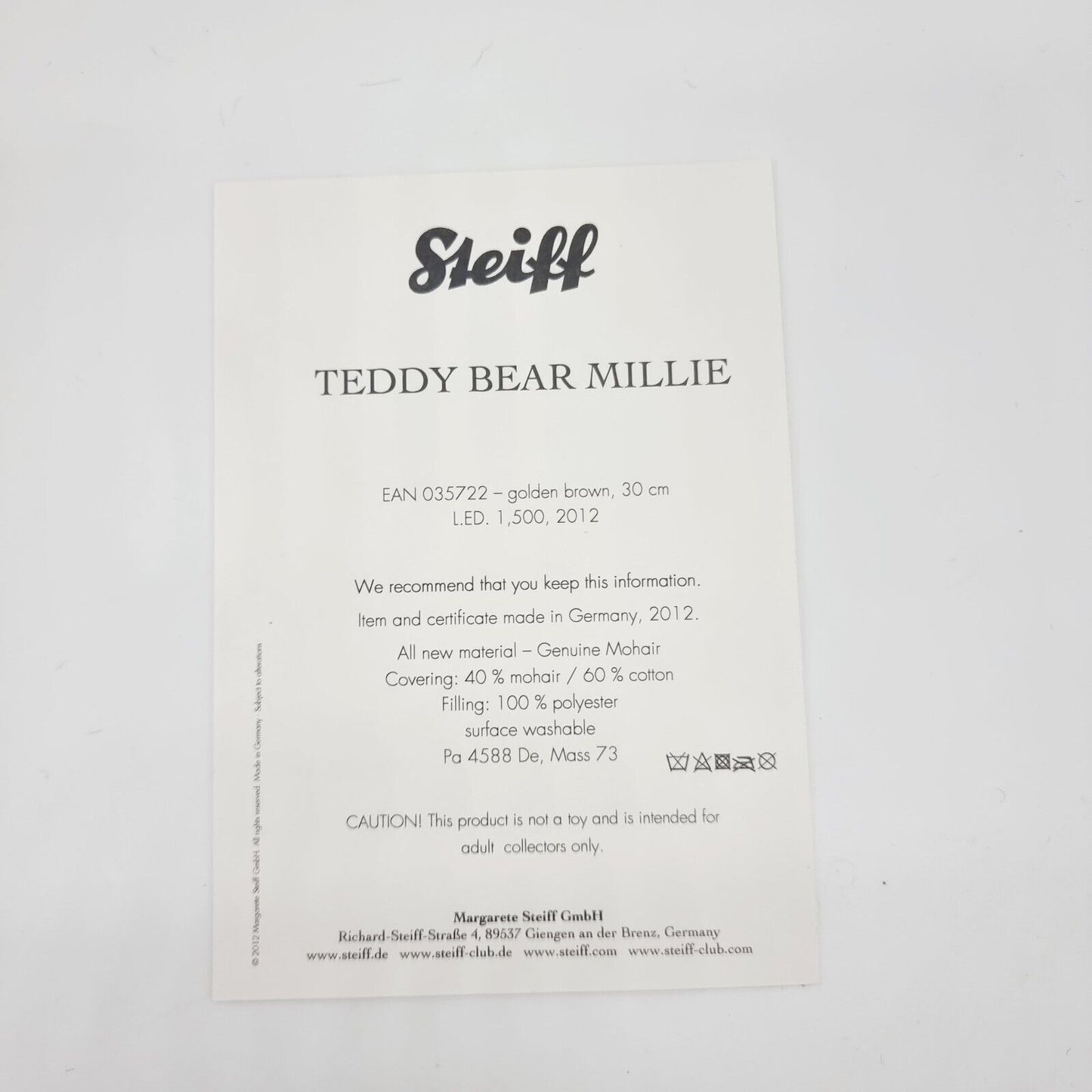 Steiff 035722 Teddybär Millie 2012 goldbraun 30 cm limitiert 1500 Exemplare