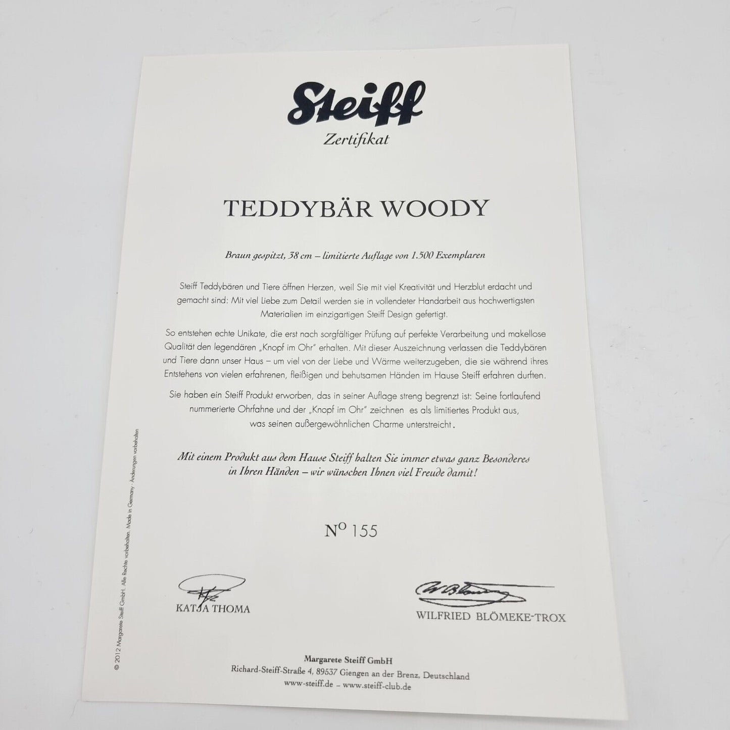Steiff 035777 Teddybär Woody limitiert 1500 aus 2012 38cm Mohair