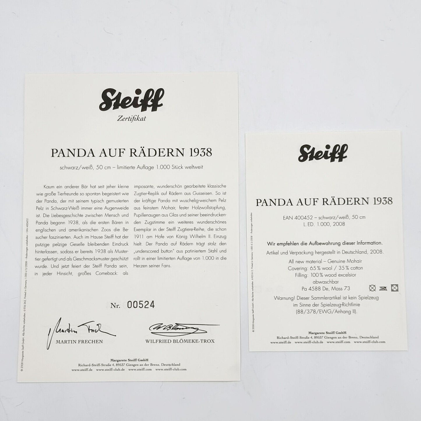 Steiff Panda auf Rädern Replica 1938 400452 limitiert 1000 aus 2008 50cm