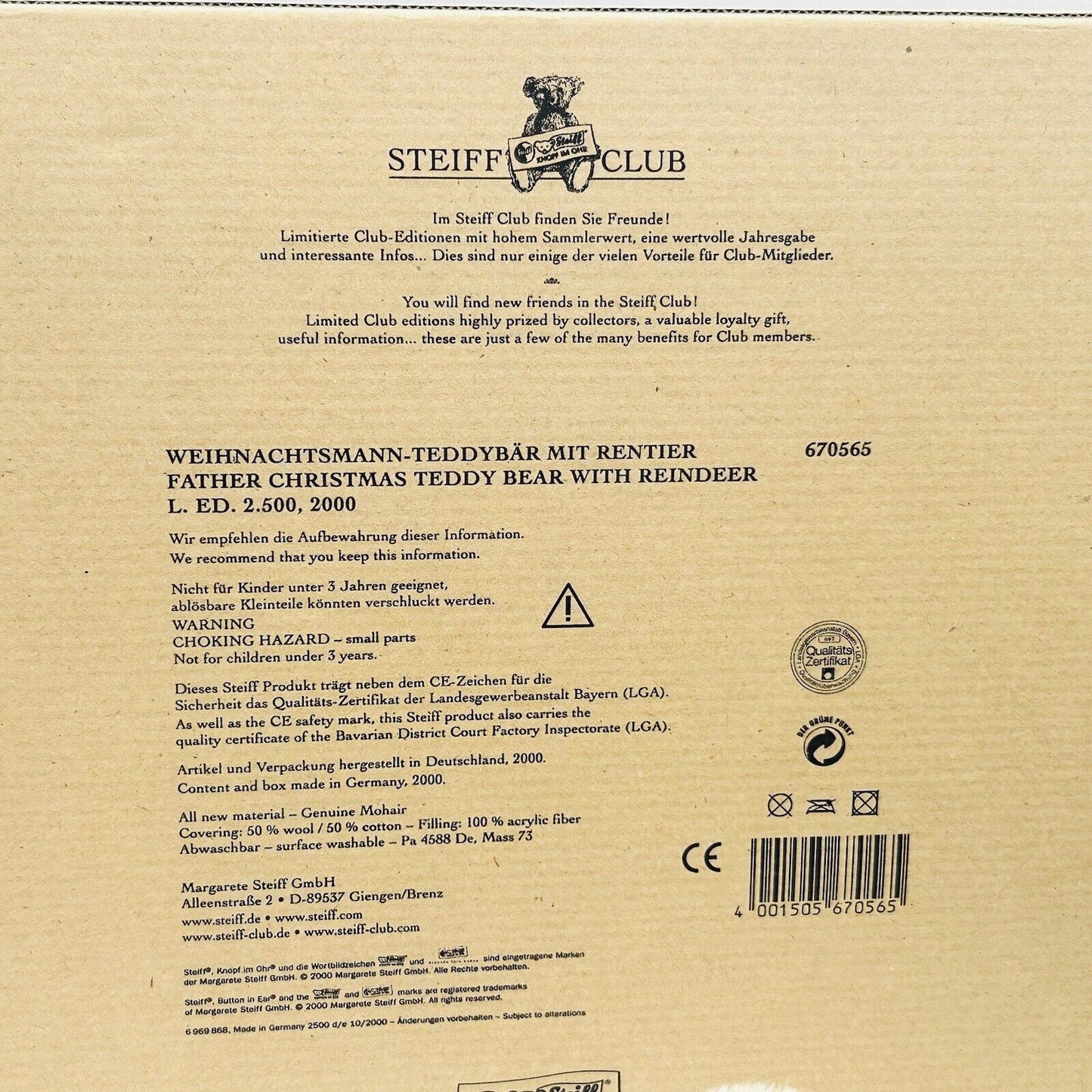 Steiff 670565 Teddybär Weihnachtsmann mit Rentier limitiert 2500 aus 2000