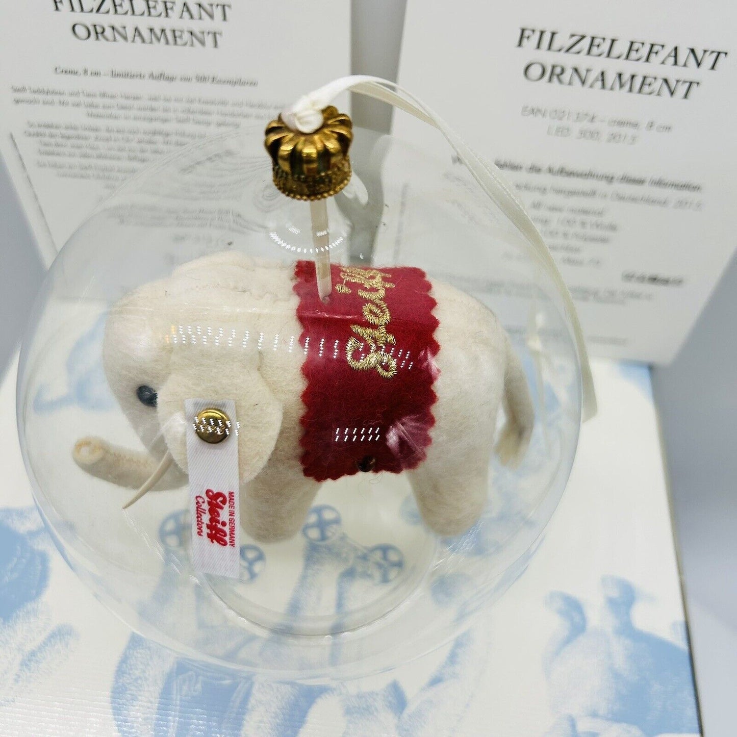 Steiff 021347 Ornament Filzelefant in Glaskugel limitiert 500 aus 2015 8 cm