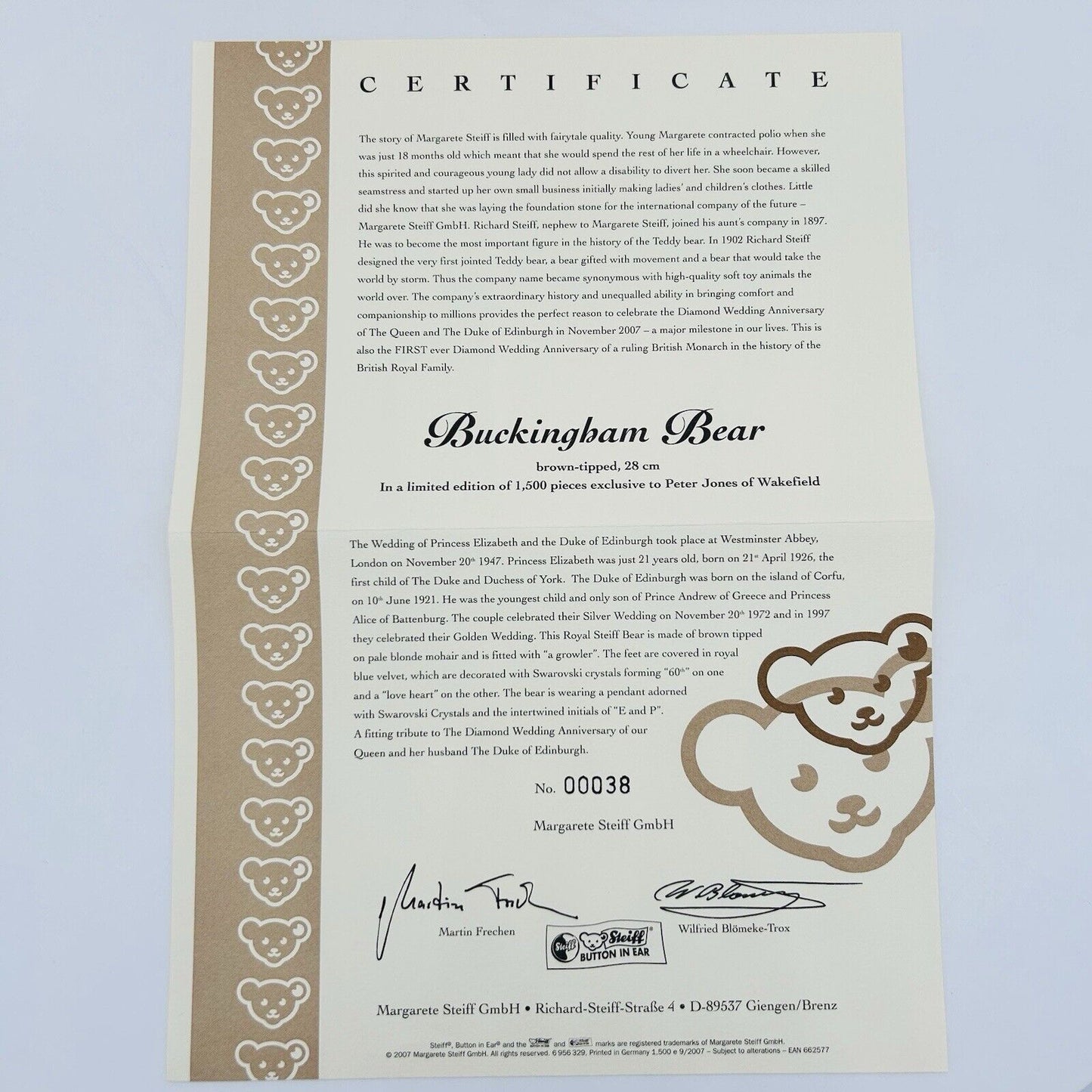 Steiff 662577 Teddybär Buckingham Bear limitiert 1500 aus 2007 28 cm Mohair