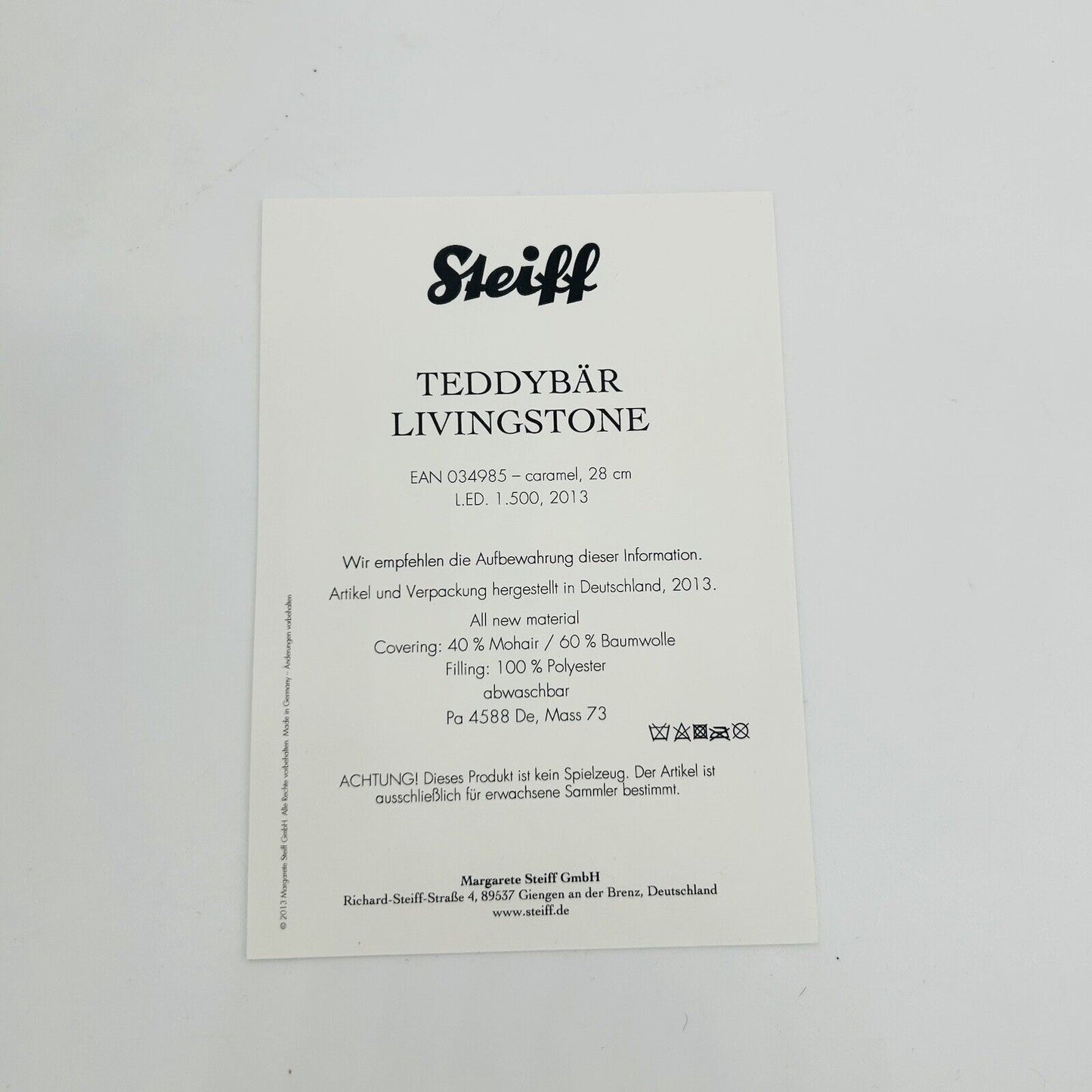 Steiff 034985 Teddybär Livingstone limitiert 1500 aus 2013 28 cm Mohair