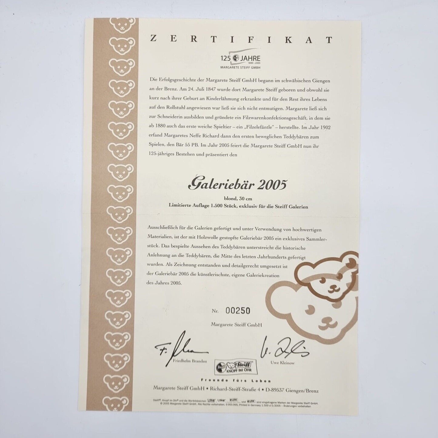 Steiff Galeriebär 2005 limitiert auf 1500 Stk. 672057