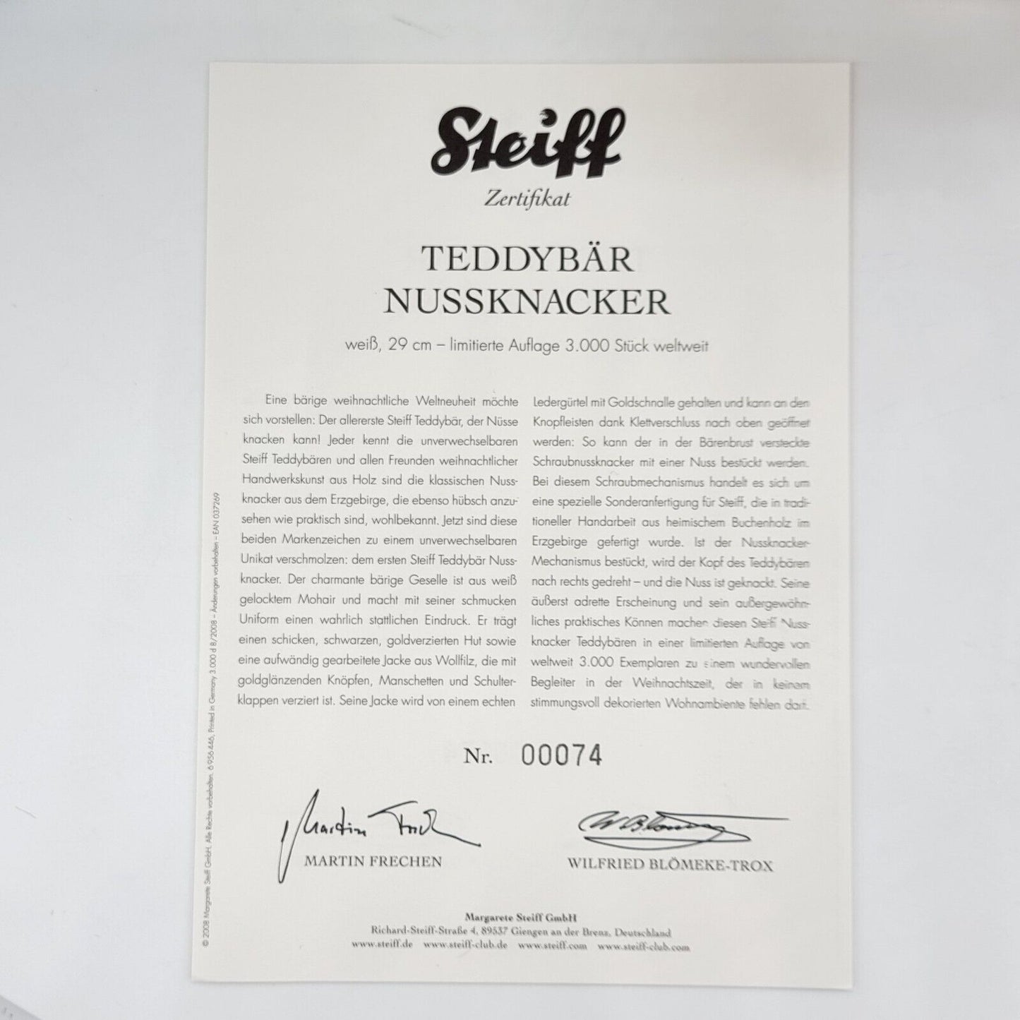 Nr. 74! Steiff 037269 Teddybär Nussknacker limitiert 3000 aus 2008