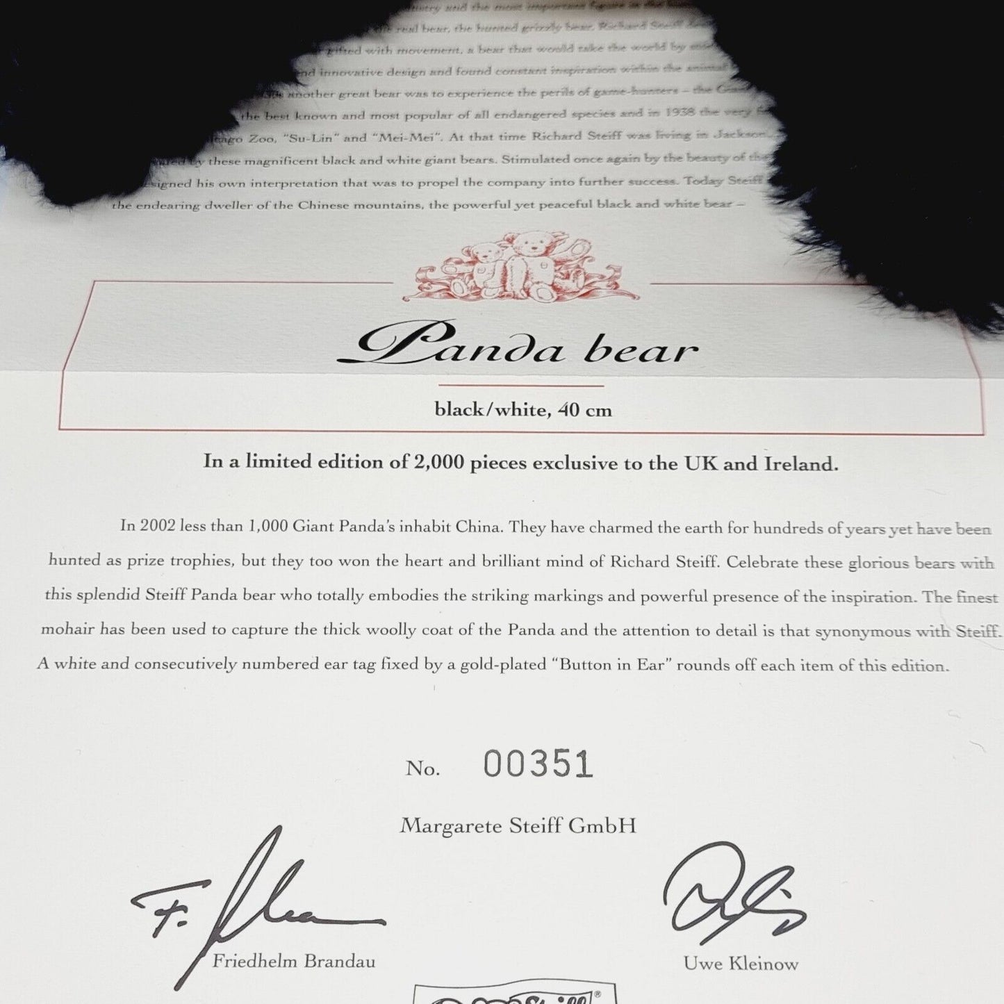 Steiff 661013 Teddybär Panda Bear limitiert 2000 aus 2003 40 cm Mohair