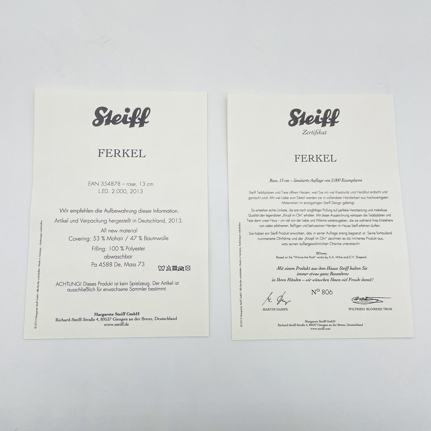 Steiff Ferkel 354878 aus Winnie the Pooh limitiert 2000 aus 2013 13cm Mohair