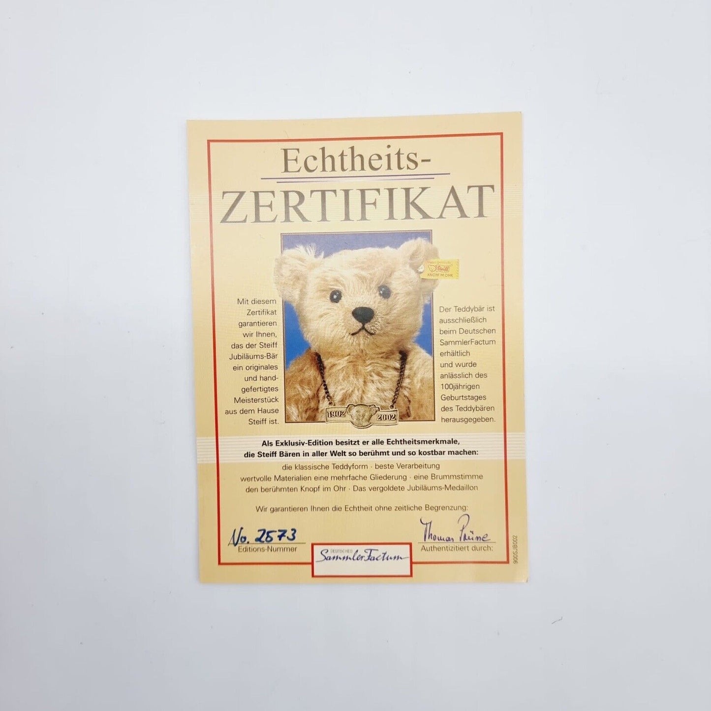 Steiff Jubiläumsbär 1902 2002 EAN 655630 Zertifikat