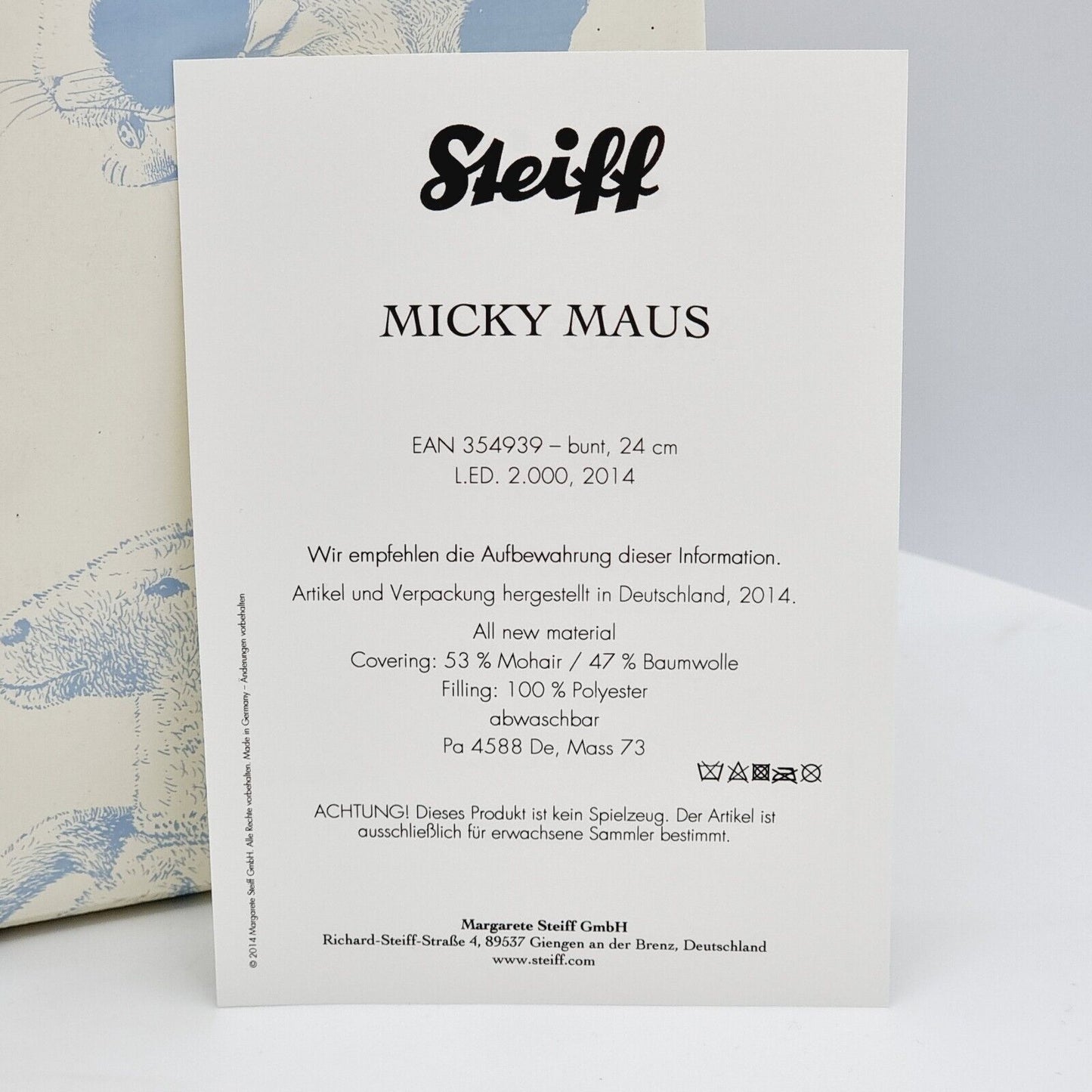 Steiff 354939 Mickey Mouse limitiert 2000 aus 2014 24 cm Mohair