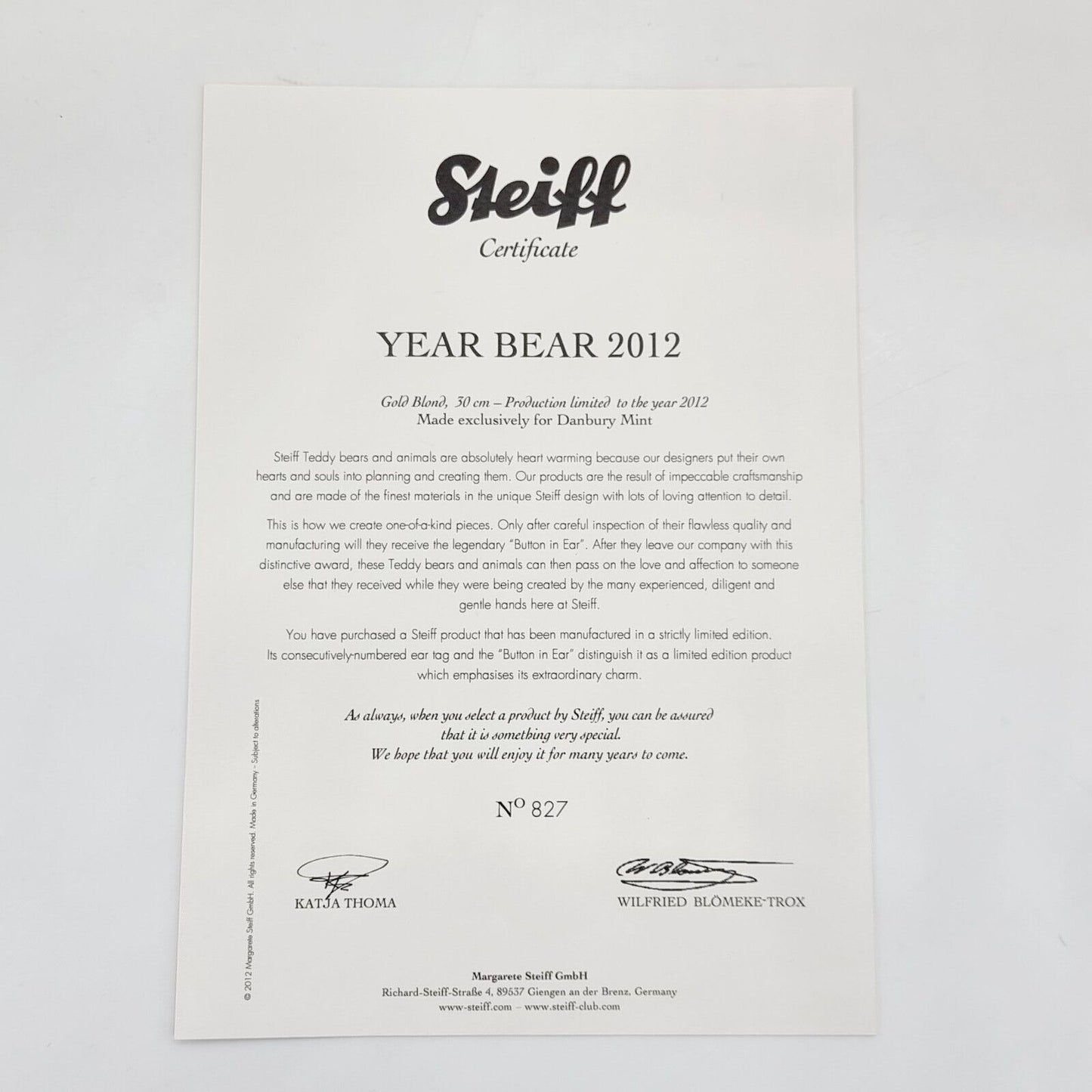 Steiff 663437 Danbury Mint Teddybär Year Bear 2012 limitiert 2012 30 cm Mohair