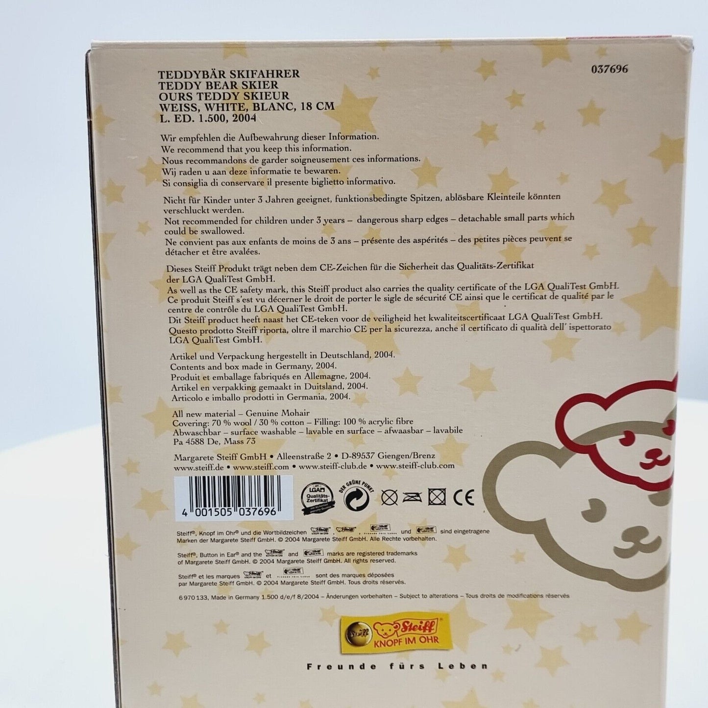 Steiff 037696 Teddybär Skifahrer weiß 18 cm limitiert 1500 Jahr 2004