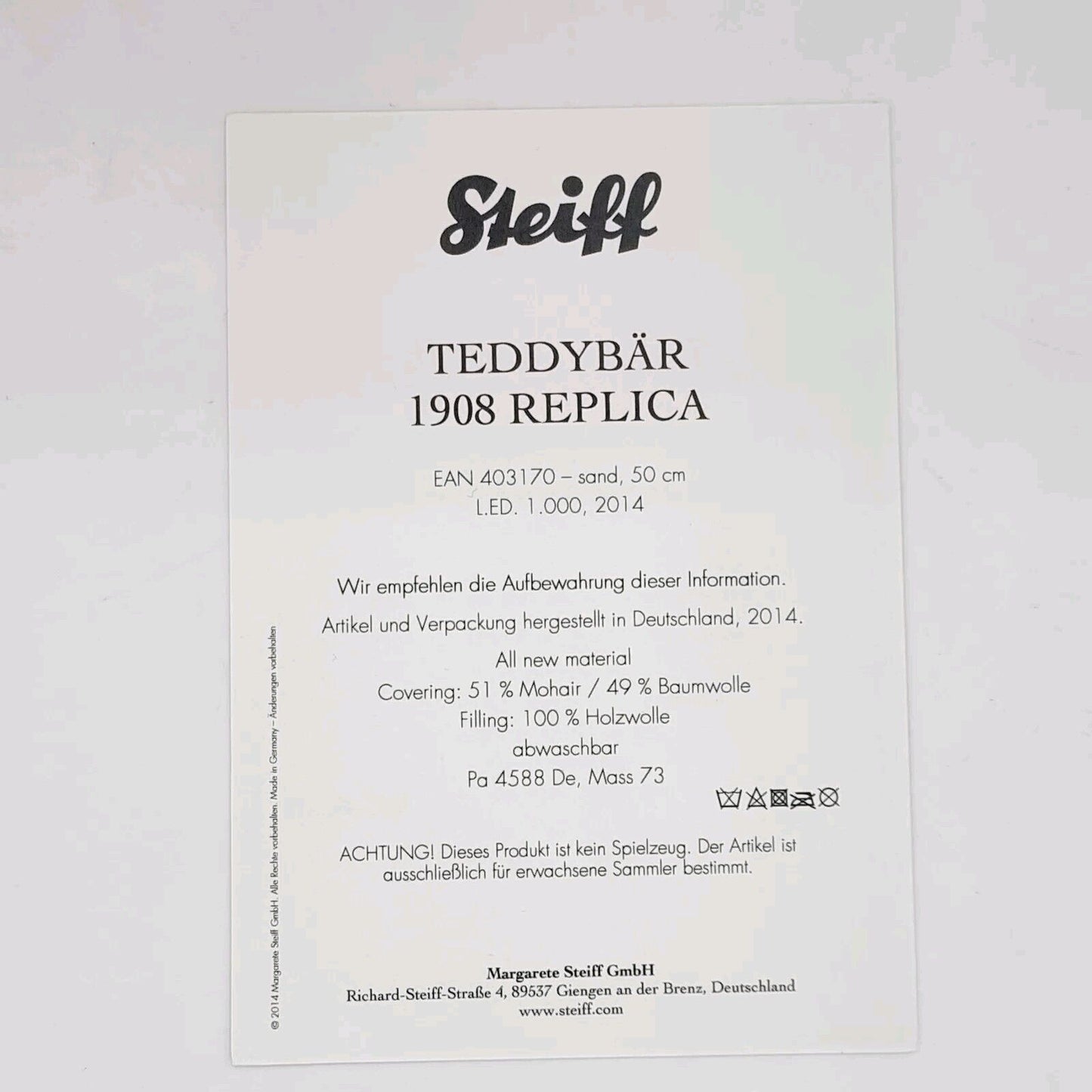 Steiff 403170 Teddybär 1908 Replica limitiert 1000 50 cm Mohair