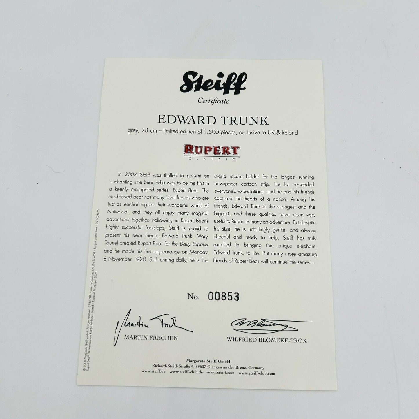 Steiff 653575 Edward Trunk aus Rupert limitiert 1500 aus 2008 28 cm Mohair