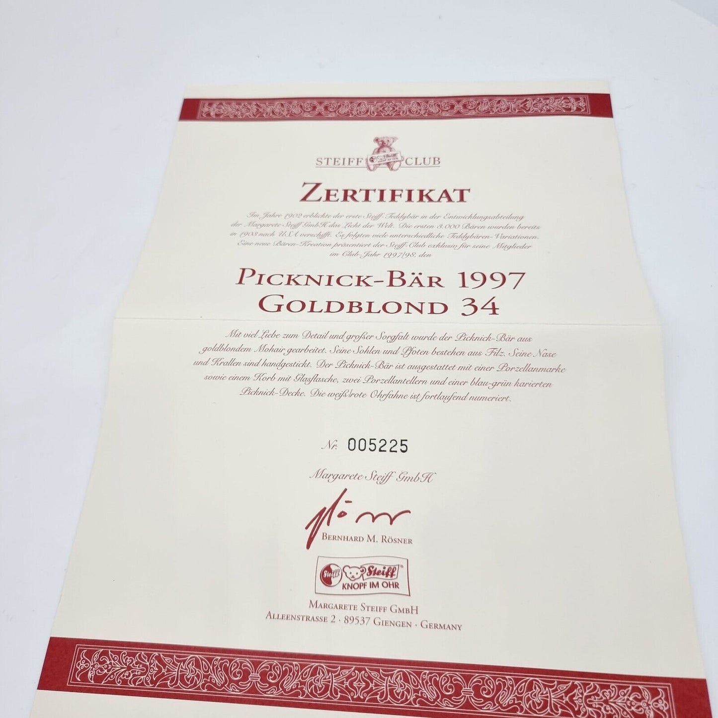 Steiff 420108 Picknick Bär Club Edition 1997/98 34cm limitiert OVP Zertifikat