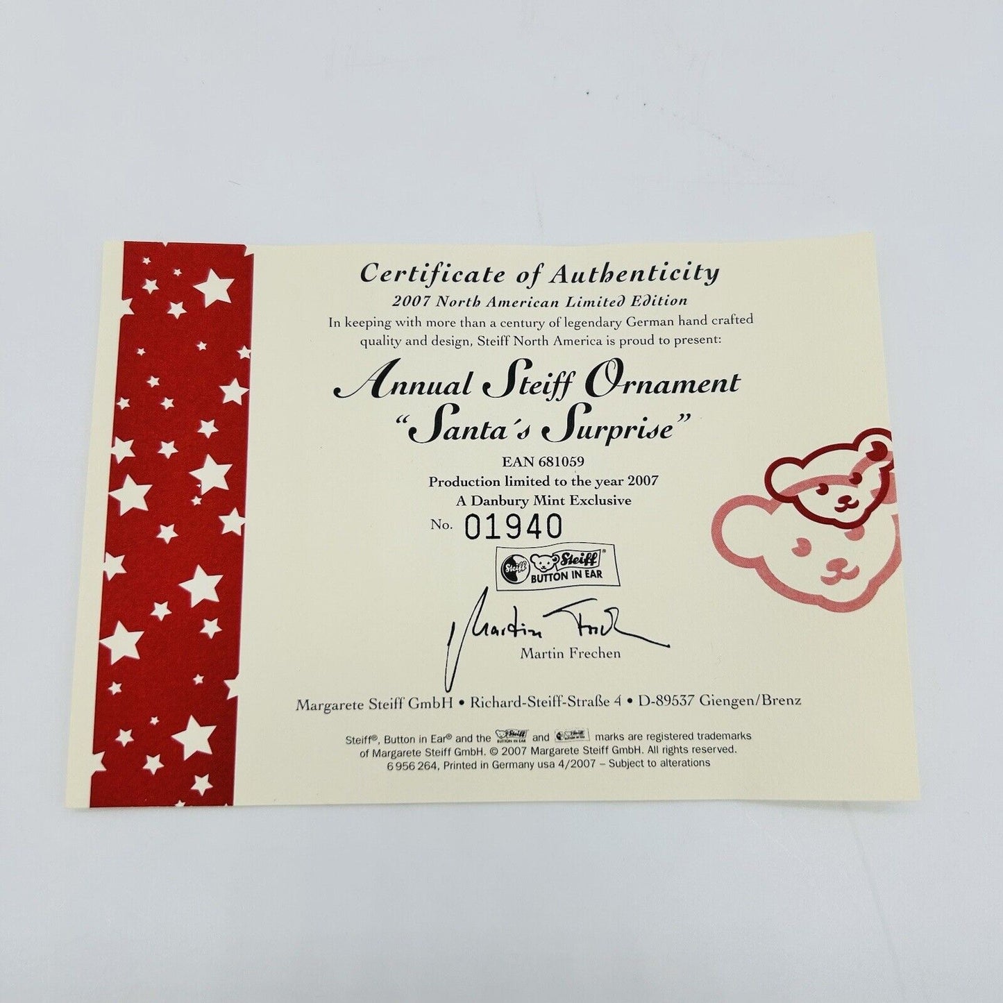 Steiff Danbury Mint 681059 Ornament Teddybär im Strumpf aus 2007 10 cm Mohair