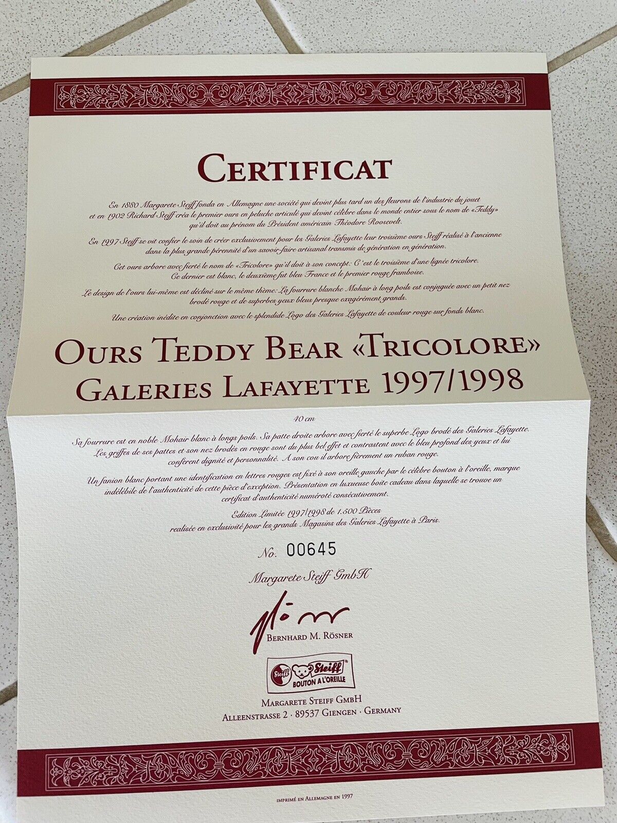 Steiff - Teddybär Tricolore 40 cm 1997/1998 limitiert auf 1500 Blanc Zertifikat