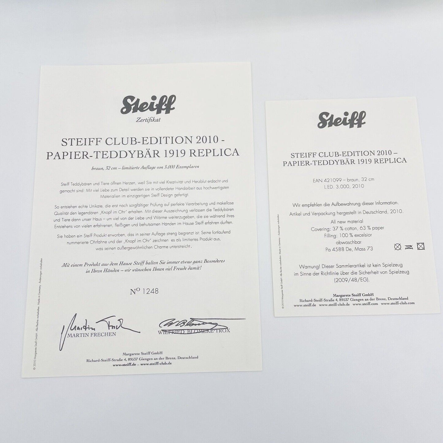 Steiff Club Edition 2010 Papierteddybär 1919 Replica 421099 limitiert 3000 32cm