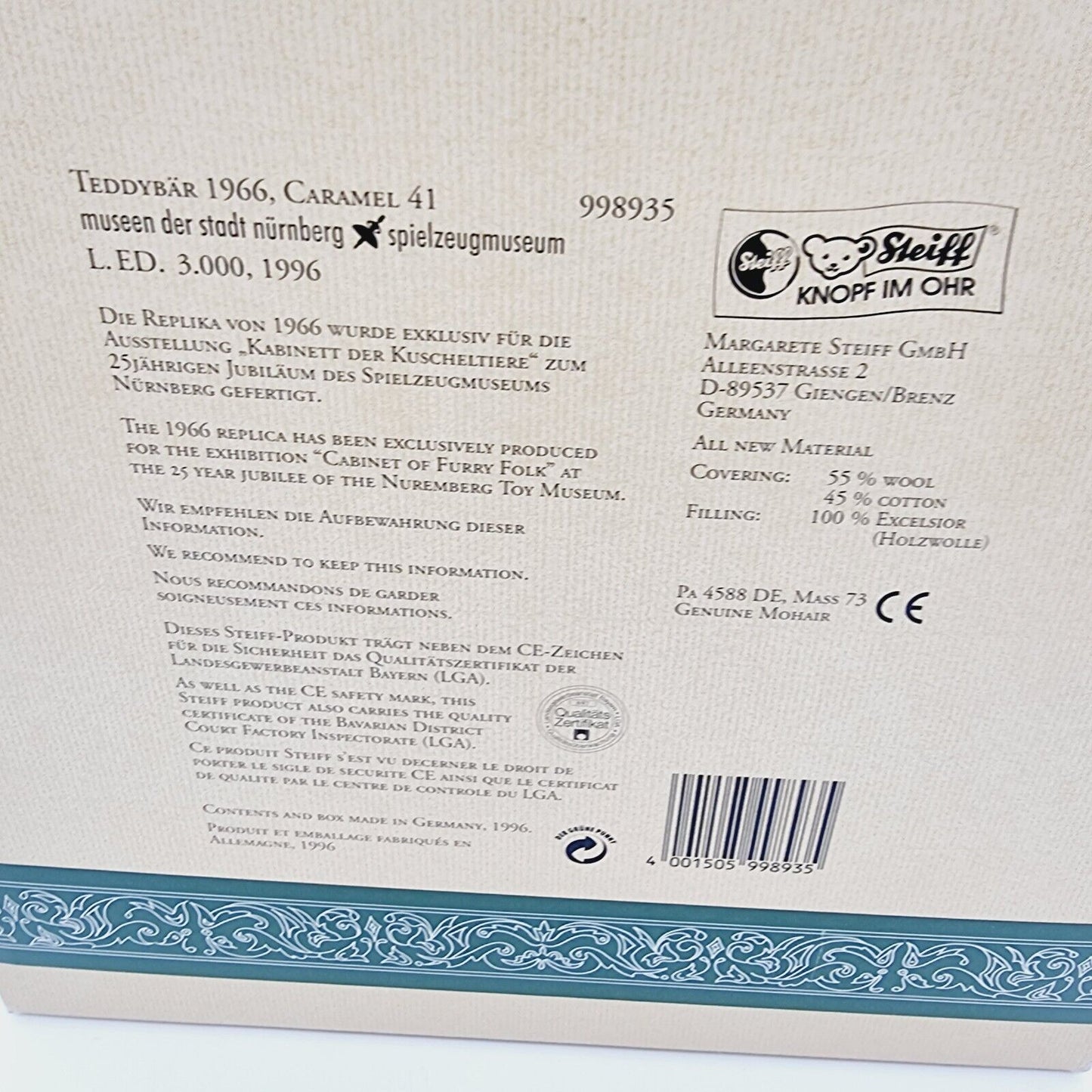998935 Steiff Teddybär 1966 Replika 1996/97 41 cm caramel limitiert Kippstimme