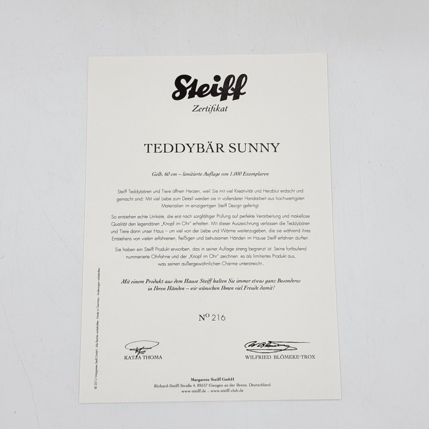 Steiff Teddybär Sunny 035746 limitiert 1000 aus 2012 60cm Mohair