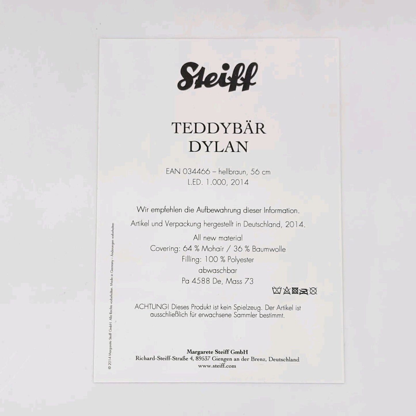 Steiff 034466 Teddybär Dylan limitiert 1000 aus 2014 56 cm Mohair