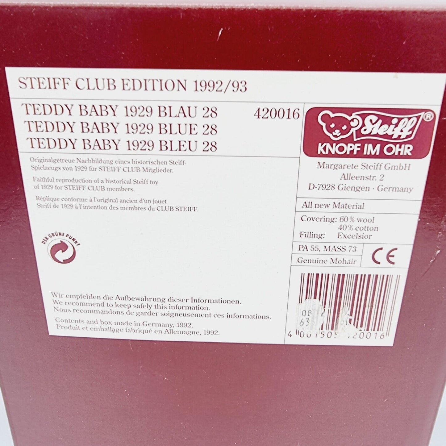 420016 Steiff Teddybär Teddy Baby 1929 Replica 1992/93 Club Edition 28 cm blau