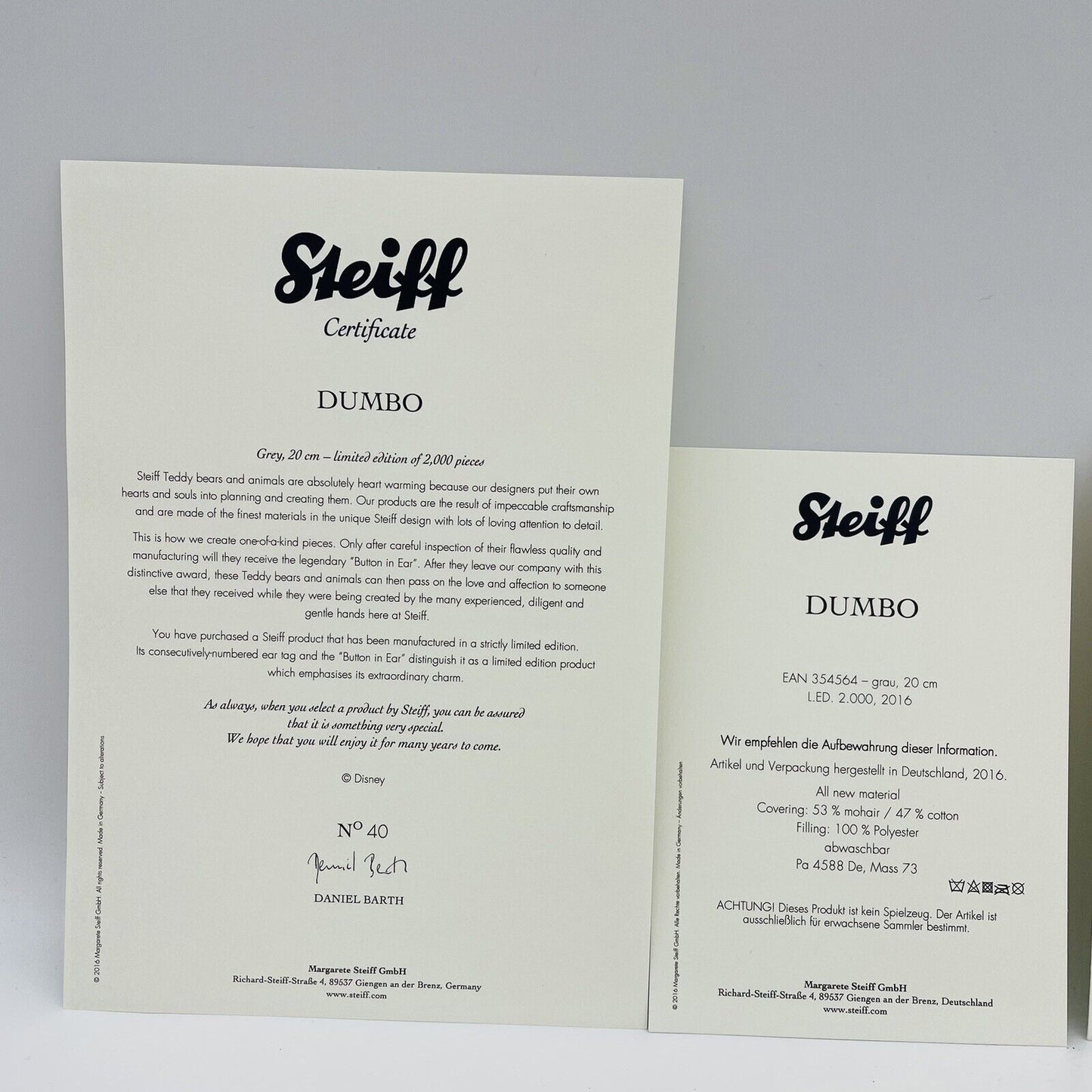 Steiff Disney Dumbo 354564 20cm limitiert auf 2000 Stk. 2016 Mohair