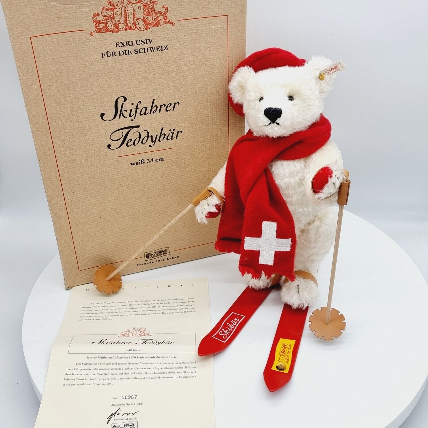 Steiff 660146 Skifahrer Teddybär weiß 34 cm 2000 limitiert 1500 exklusiv Schweiz