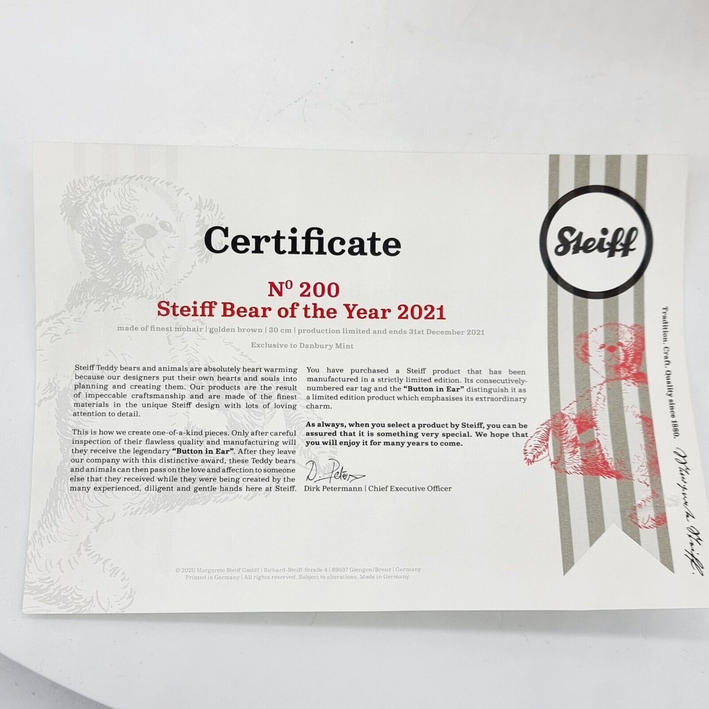 Steiff Danbury Mint 690624 Teddybär Year Bear 2021 limitiert 2021 30 cm Mohair