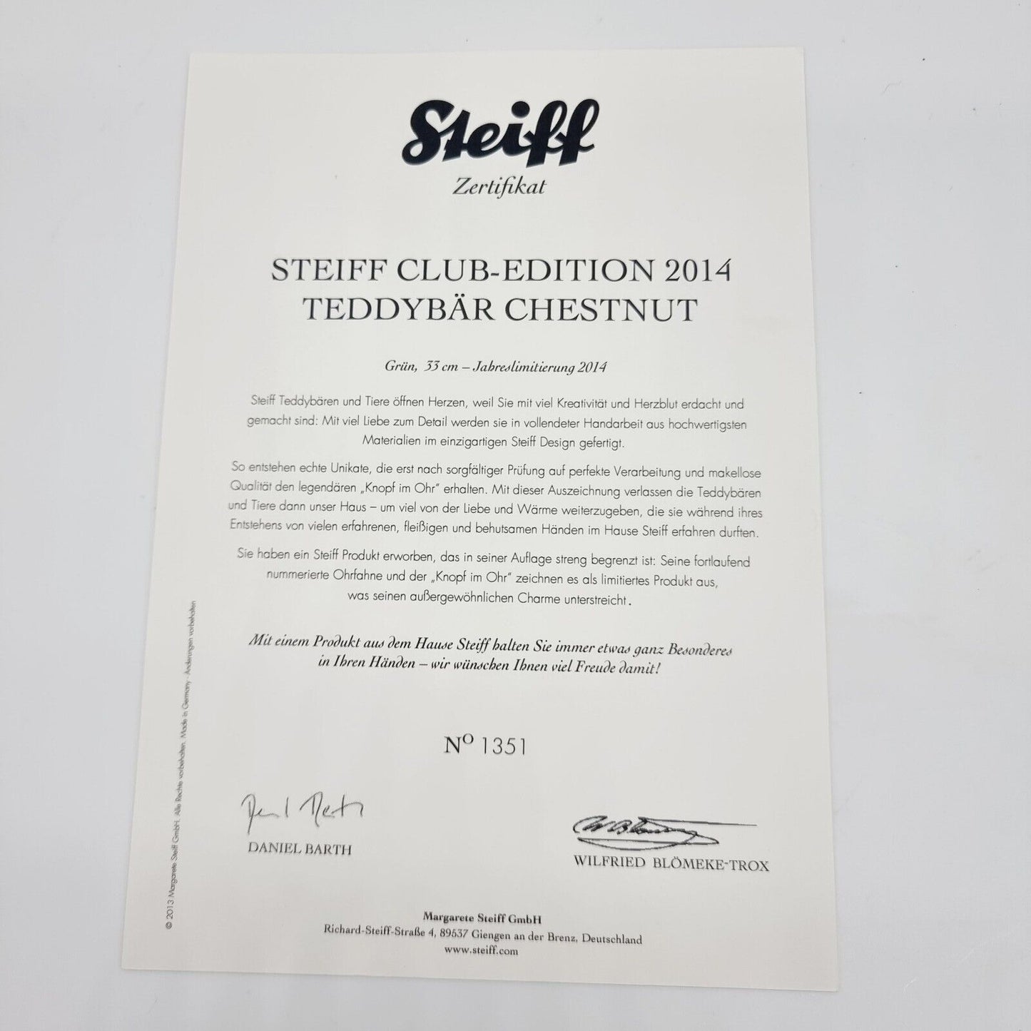 Steiff 406751 Teddybär 1908 gelb 35 cm limitiert 3000 Exemplare Jahr 2006