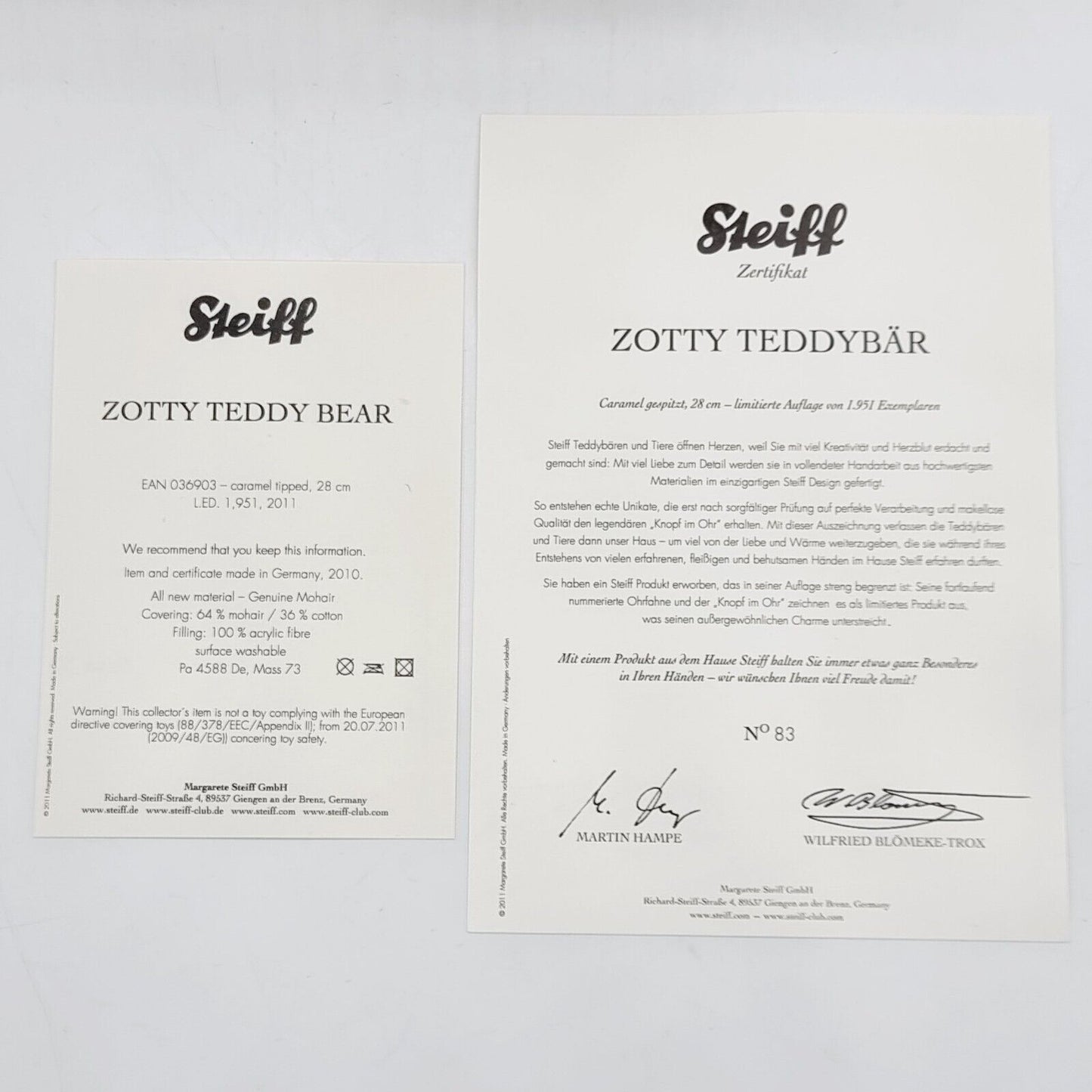 Steiff Zotty Teddybär 036903 limitiert 1951 aus 2011 28cm Mohair neuwertig