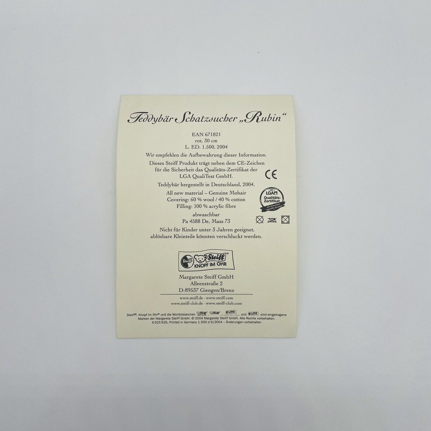 Steiff Teddybär Die Schatzsucher Rubin 671821 limitiert 1500 aus 2004 30cm