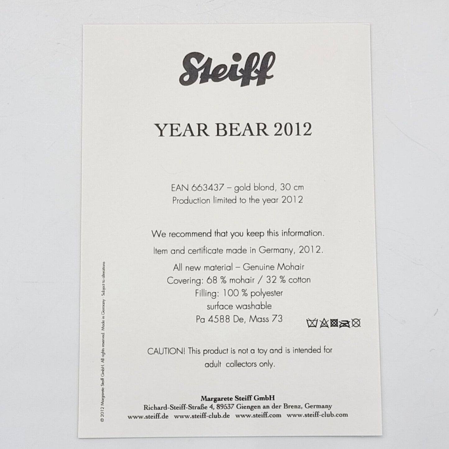 Steiff 663437 Danbury Mint Teddybär Year Bear 2012 limitiert 2012 30 cm Mohair